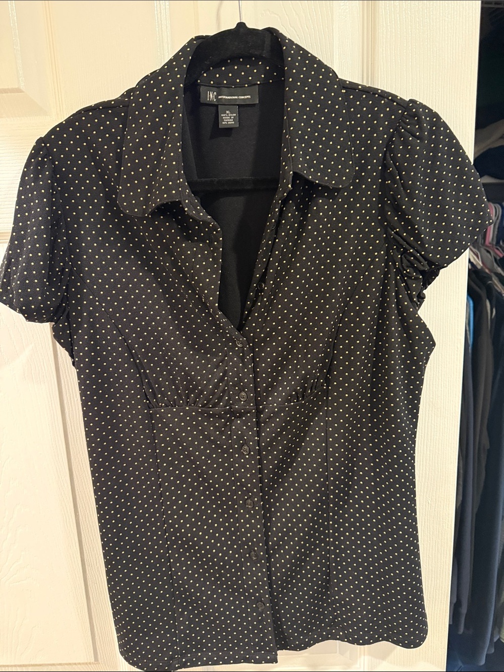 INC International Concepts Black Blouse with White Polka Dots